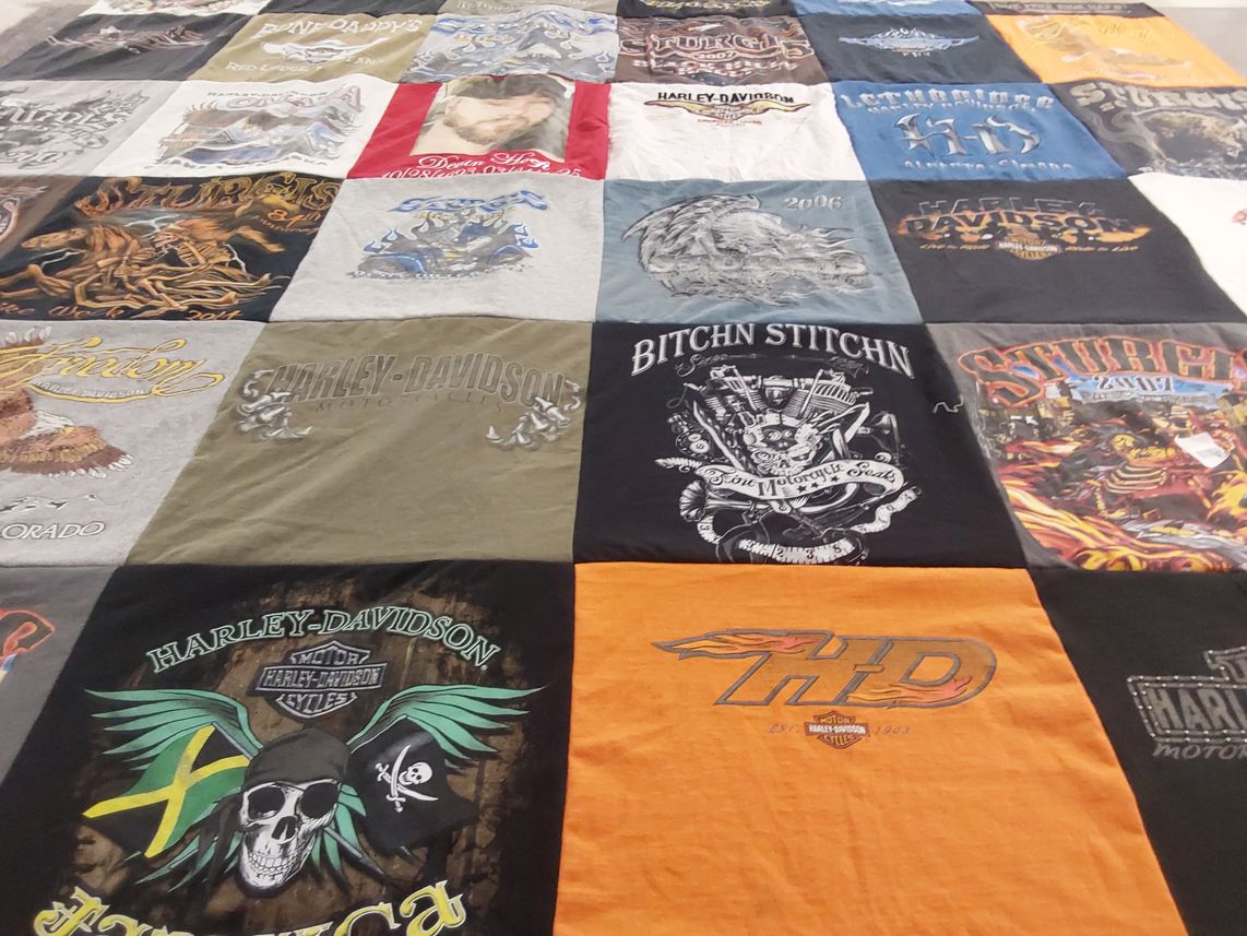 T-shirt quilt with motorcycles, biking themes by Vickie from CO