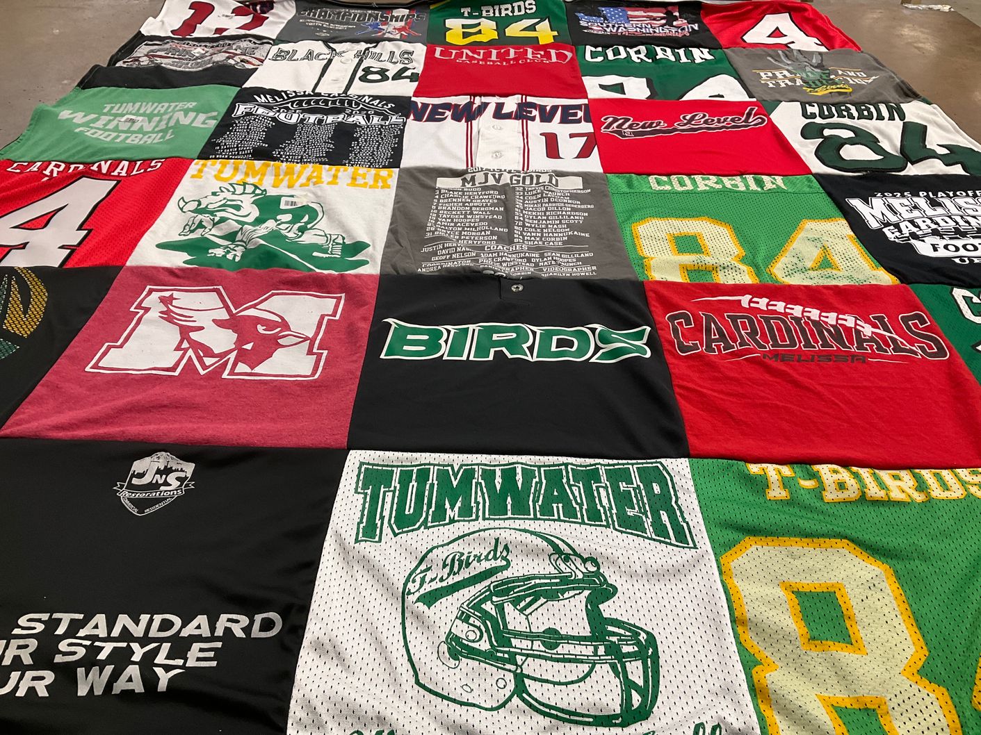 T-shirt quilt featuring tumwater t-birds, melissa cardinals by Danielle from TX