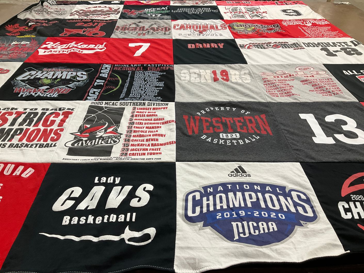 T-shirt quilt featuring western university cavaliers, highland community college by Jeanne from WI