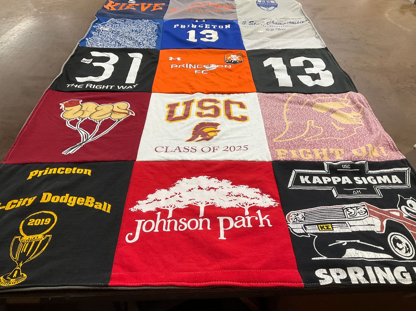 T-shirt quilt from princeton university, university of southern california by Milena from NJ