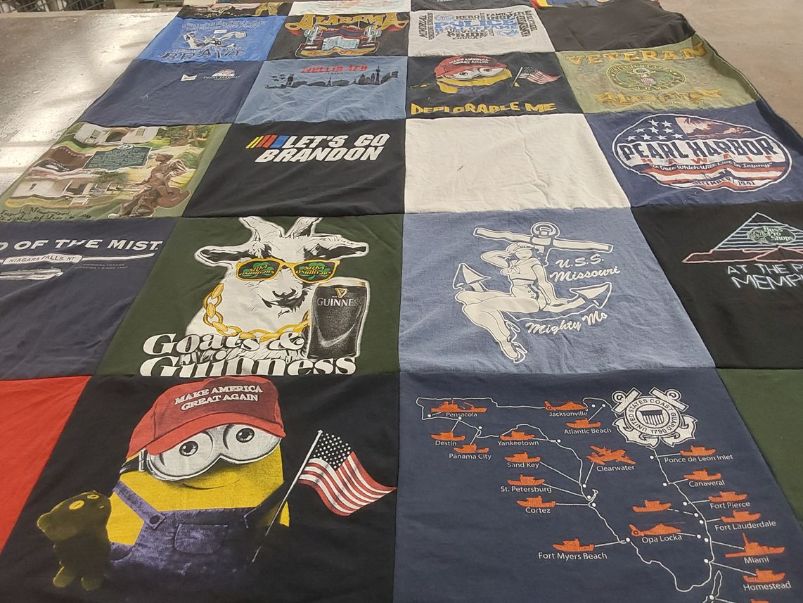 T-shirt quilt with american patriotism, veterans themes by Judy from FL