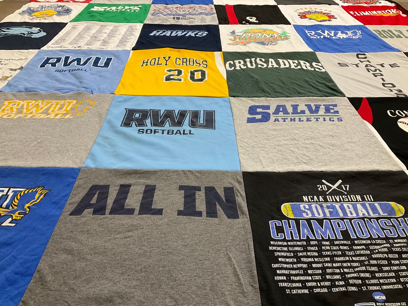 T-shirt quilt from roger williams university, holy cross college by Elizabeth from RI