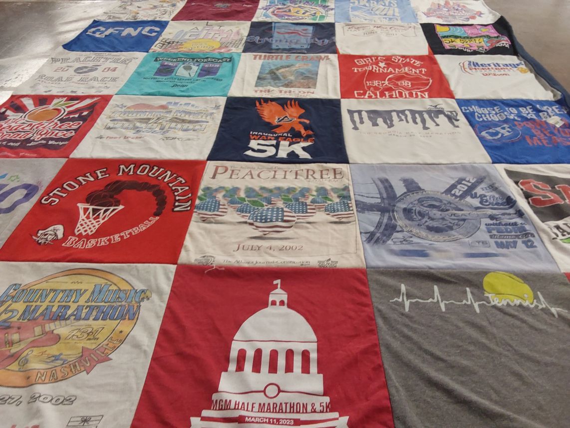 T-shirt quilt with running, basketball themes by Lucy from AL