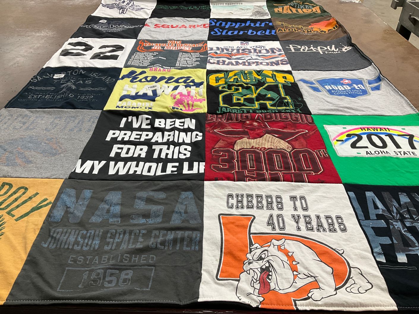T-shirt quilt with space exploration, camping themes by Bernadette from CA