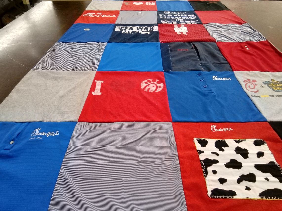 T-shirt quilt with food, restaurants themes by Tracy from TX