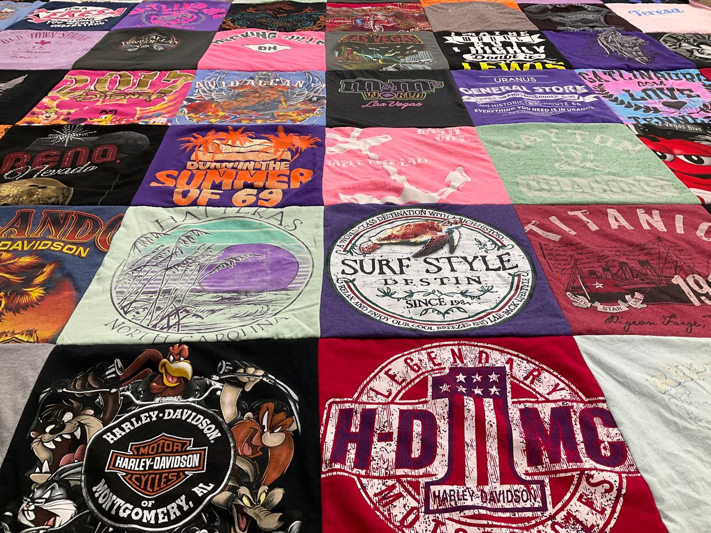 T-shirt quilt with motorcycles, travel themes by Teresa from OH