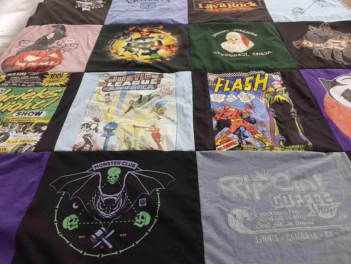 T-shirt quilt with comic books, superheroes themes by Tobey from CA