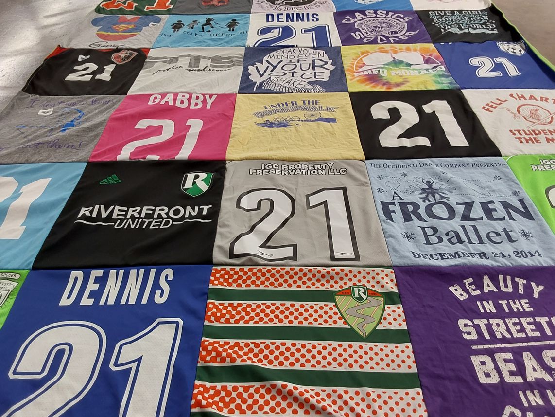 T-shirt quilt with soccer, dance themes by Elisa from PA
