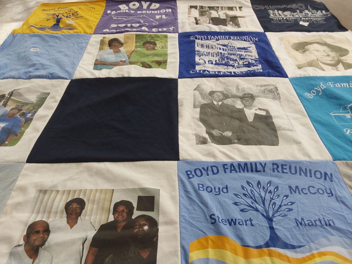 T-shirt quilt with family gatherings, reunions themes by Phyllis from IL