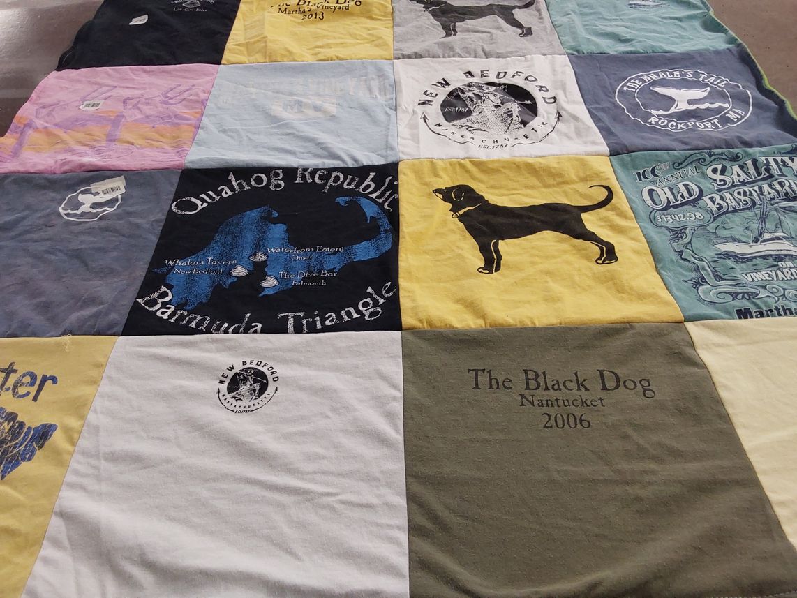 T-shirt quilt with fishing, marine life themes by JANET from MA