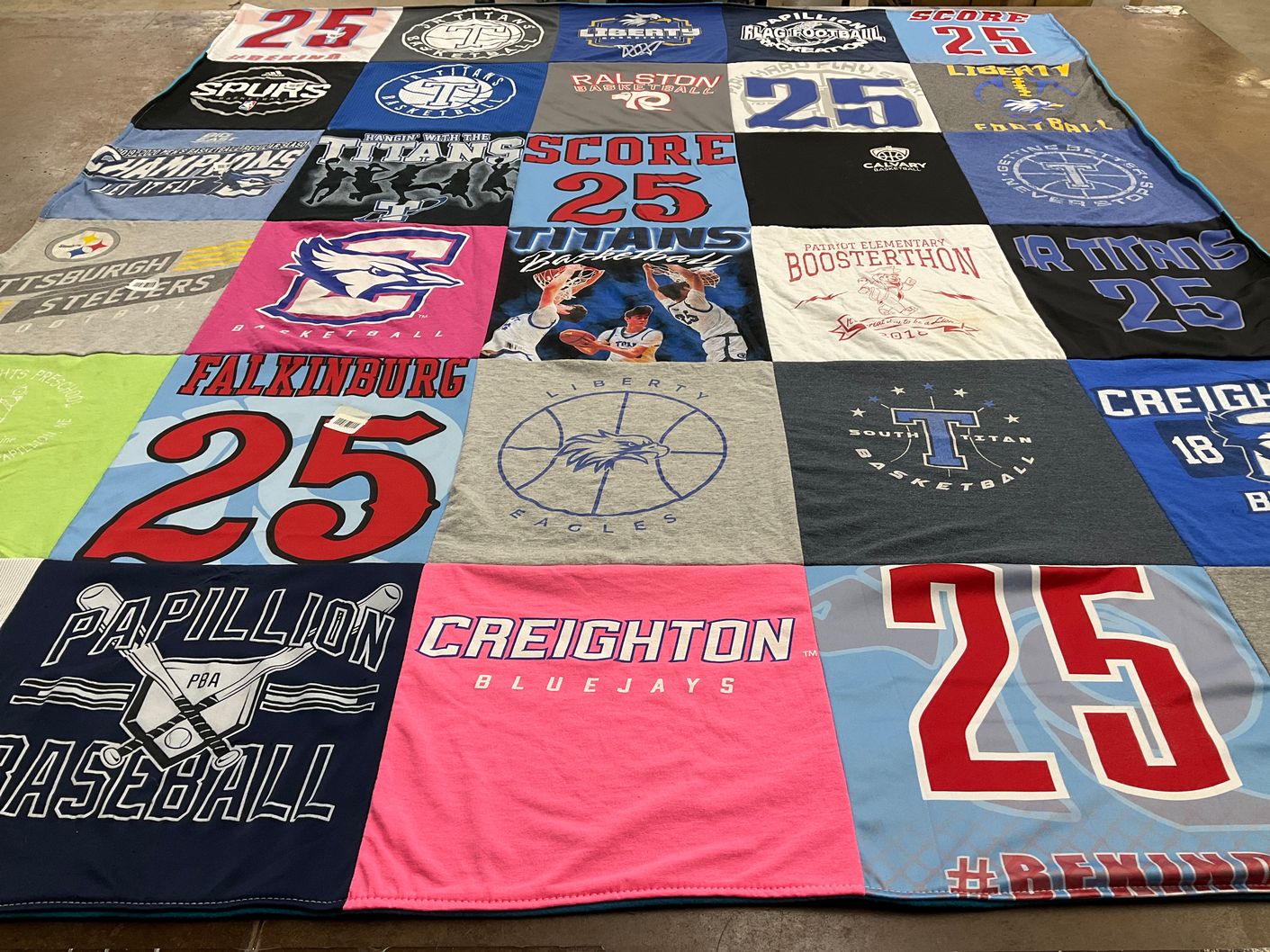 T-shirt quilt featuring creighton bluejays, falkinburg titans by S from NE