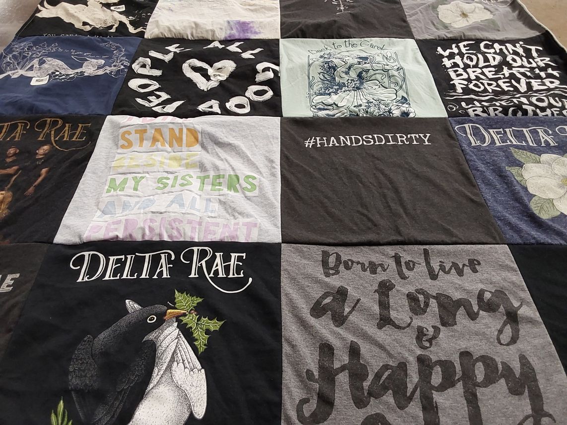 T-shirt quilt with music, sisterhood themes by Amy from MN