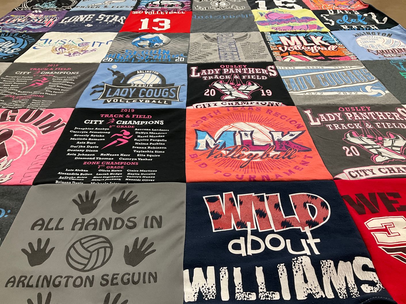 T-shirt quilt featuring arlington seguin lady cougs volleyball, ousley lady panthers track and field by Ronette from TX