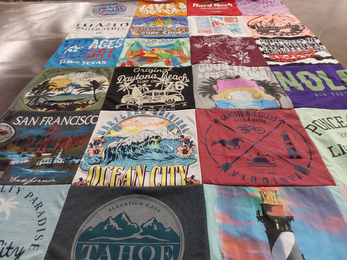 T-shirt quilt with beach, travel themes by Brittany from OK