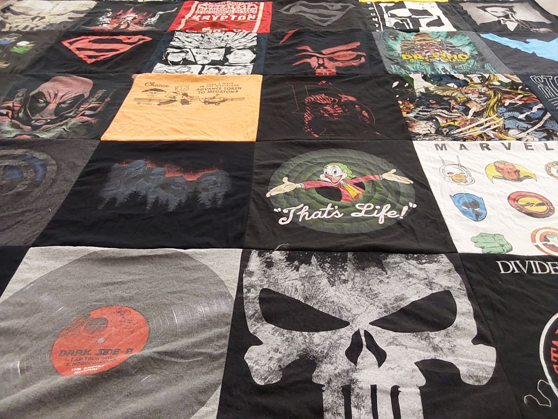 T-shirt quilt with comics, superheroes themes by Jacqueline from TX