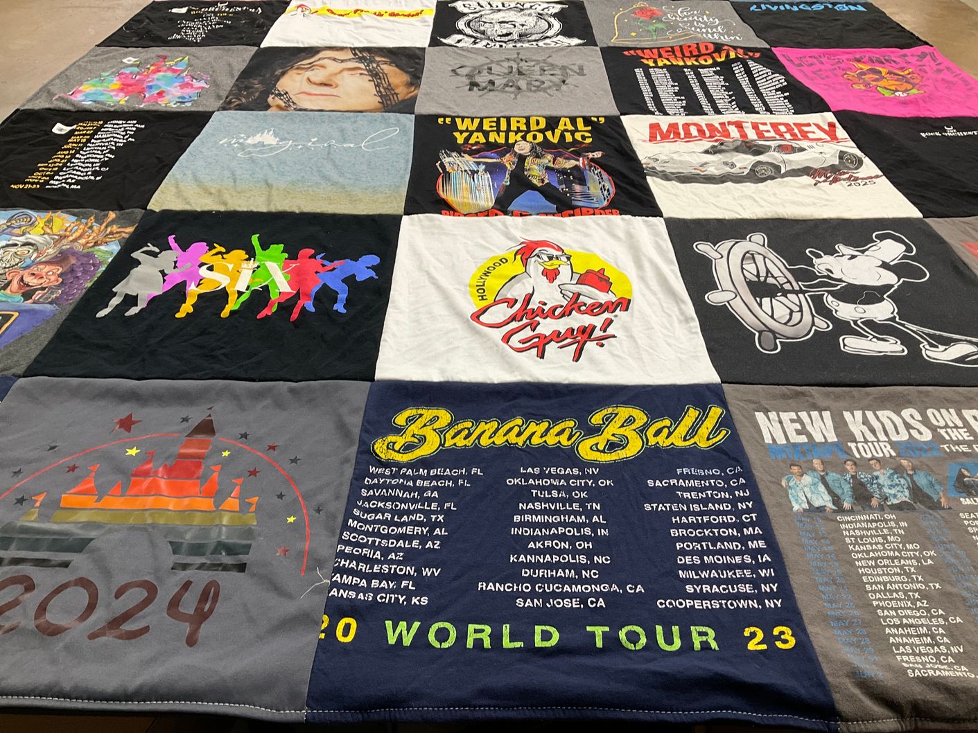 T-shirt quilt with music, comedy themes by Debra from CA
