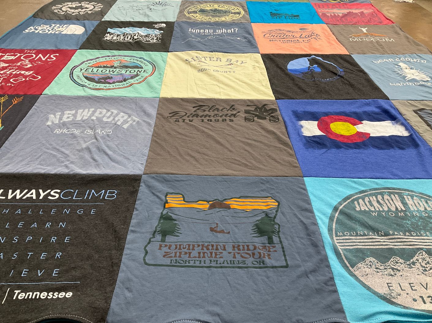 T-shirt quilt with travel, outdoors themes by Marion from NE