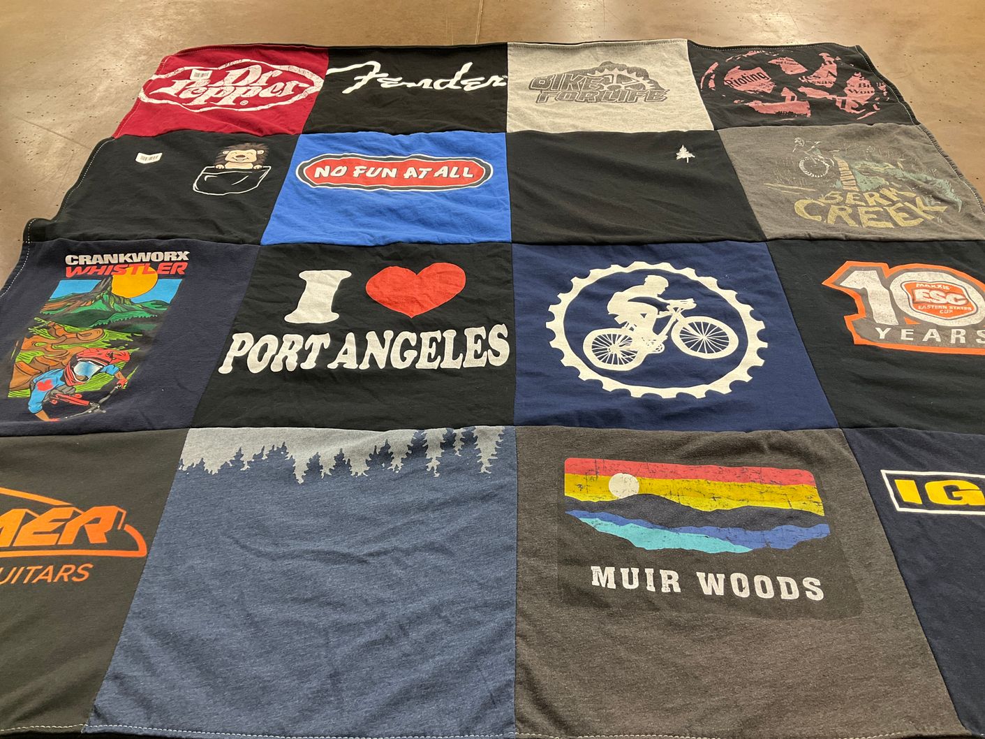T-shirt quilt with mountain biking, outdoor activities themes by Lisa from OR