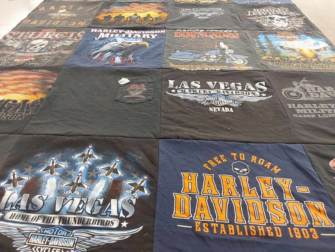 T-shirt quilt with motorcycles, biking themes by charlene from CO