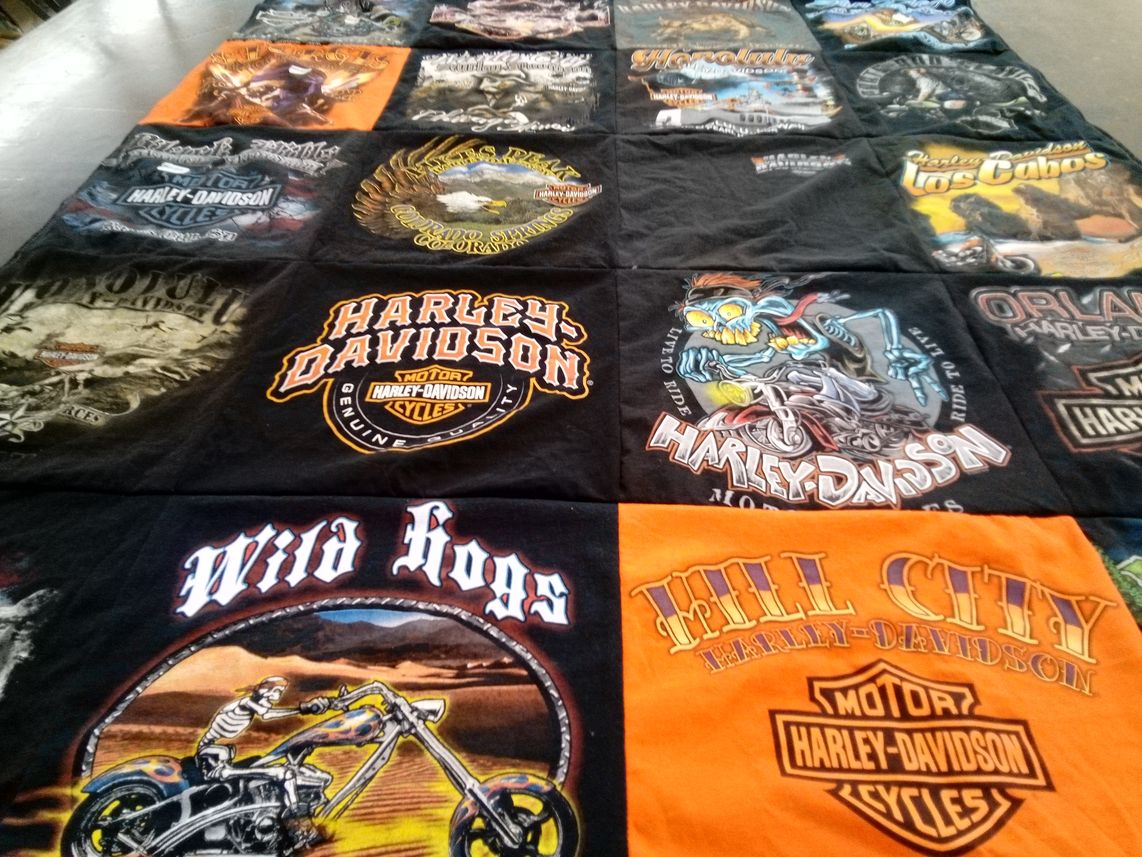T-shirt quilt with motorcycles, biking themes by charlene from CO