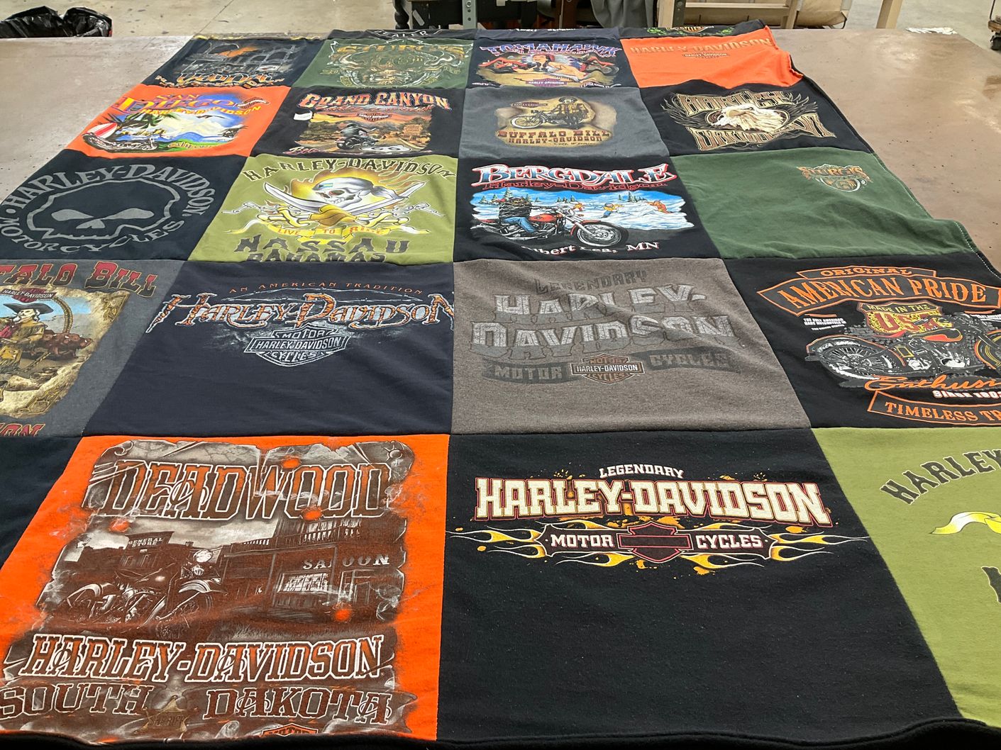 T-shirt quilt with motorcycles, motorcycling themes by charlene from CO