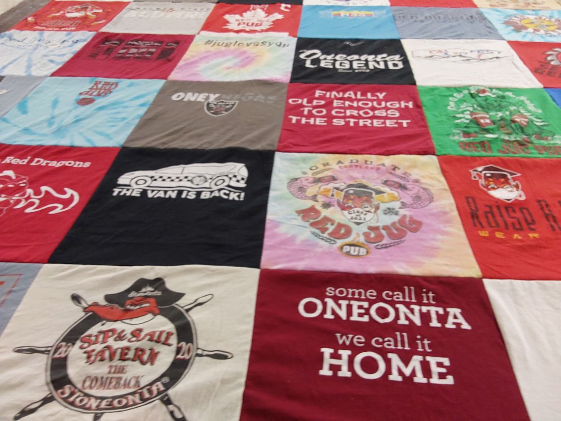 T-shirt quilt featuring red dragons by Dovonne from NY