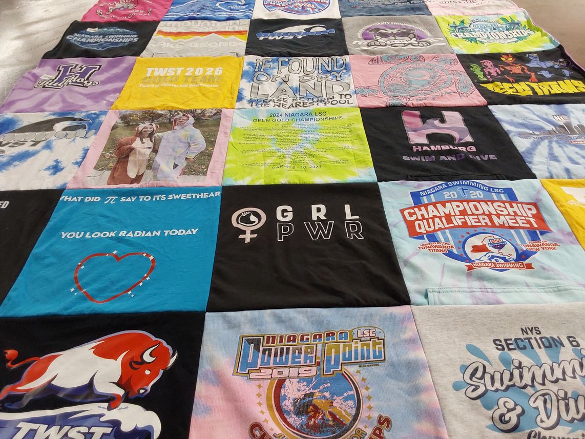 T-shirt quilt with swimming, diving themes by Margaret from NY