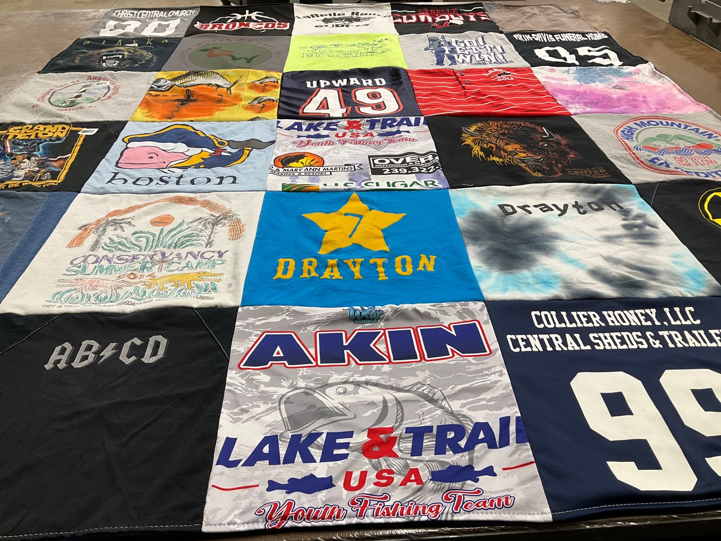 T-shirt quilt with fishing, camping themes by nanLYN from FL