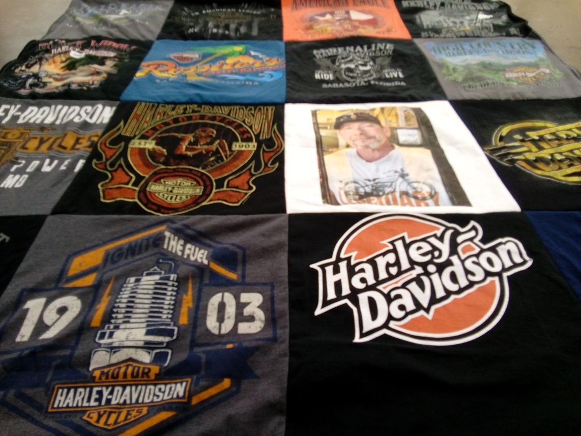 T-shirt quilt with motorcycles, biking themes by Kristene from OH