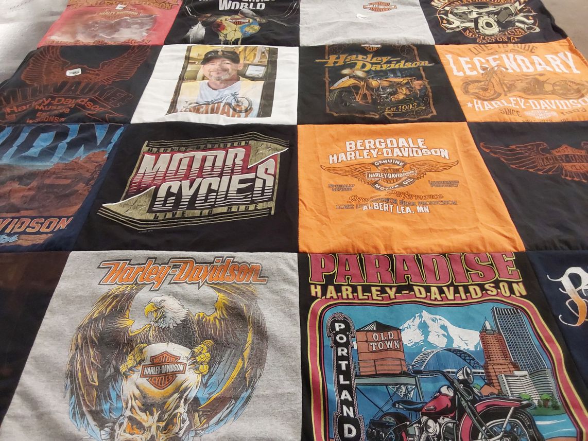 T-shirt quilt with motorcycles, biking themes by Kristene from OH