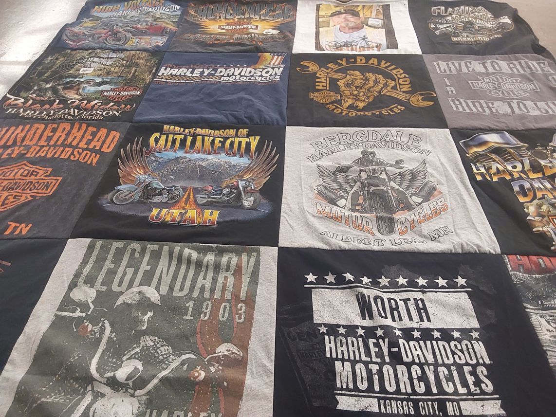 T-shirt quilt with motorcycling, biking themes by Kristene from OH