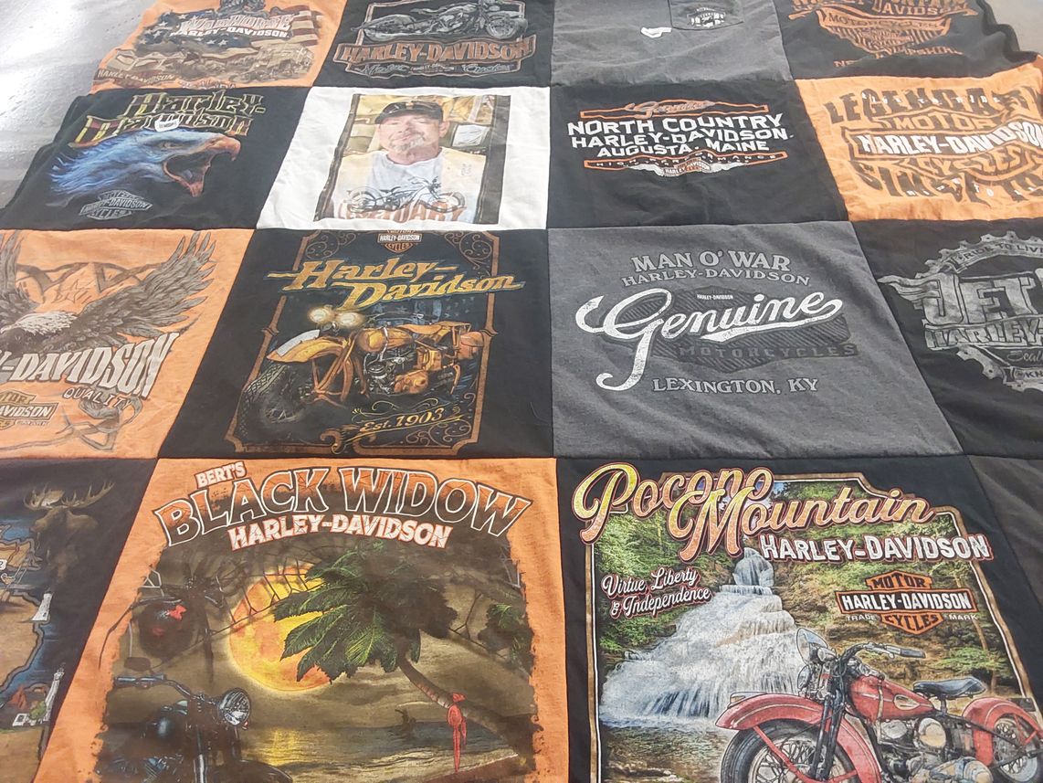 T-shirt quilt with motorcycles themes by Kristene from OH