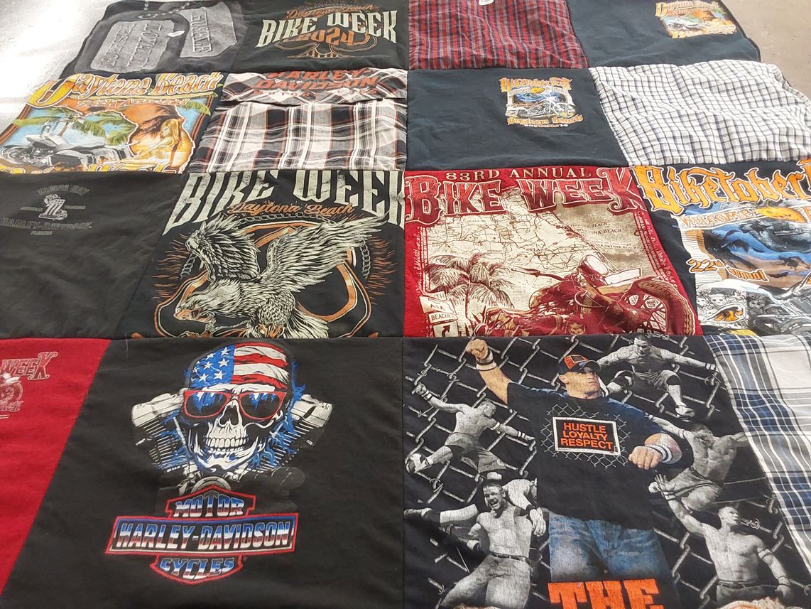 T-shirt quilt with motorcycle culture, biking themes by Carrie from FL