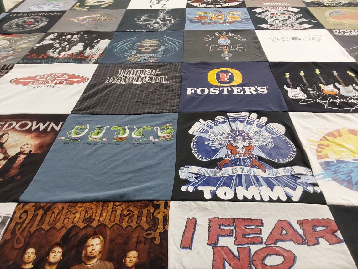 T-shirt quilt with music, bands themes by Rick from CA