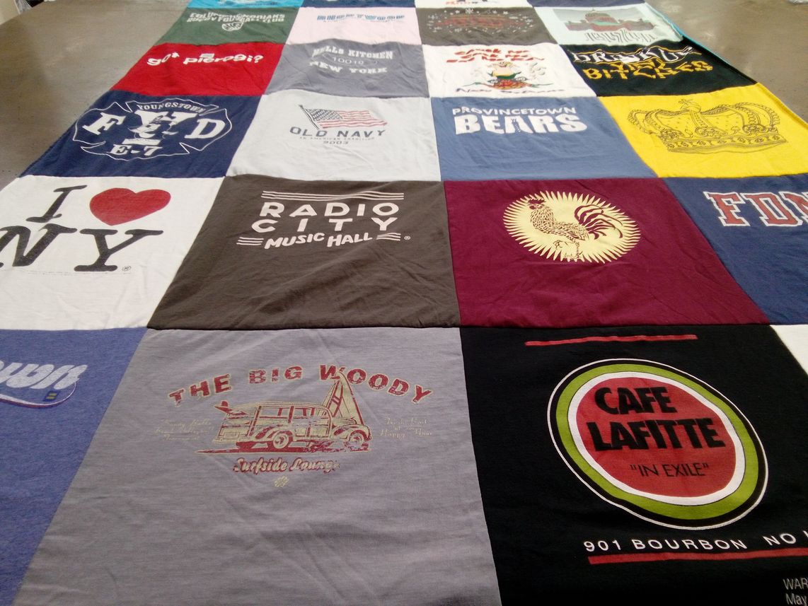 T-shirt quilt with music, restaurants themes by Robert from OH