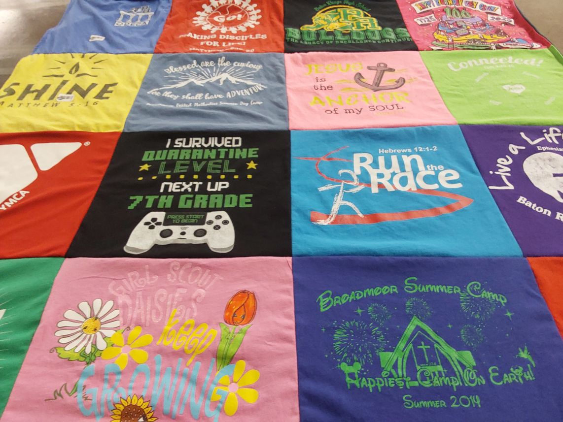 T-shirt quilt with camping, gaming themes by Regina from LA
