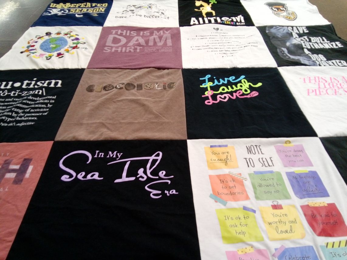 T-shirt quilt with autism awareness, mental health themes by Kim from VA