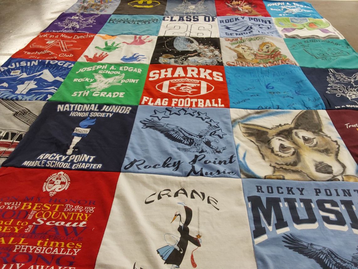 T-shirt quilt featuring rocky point sharks flag football by Lynn from NY