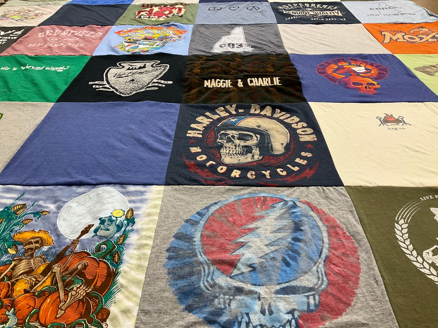 T-shirt quilt with motorcycles, music themes by Angela from NH