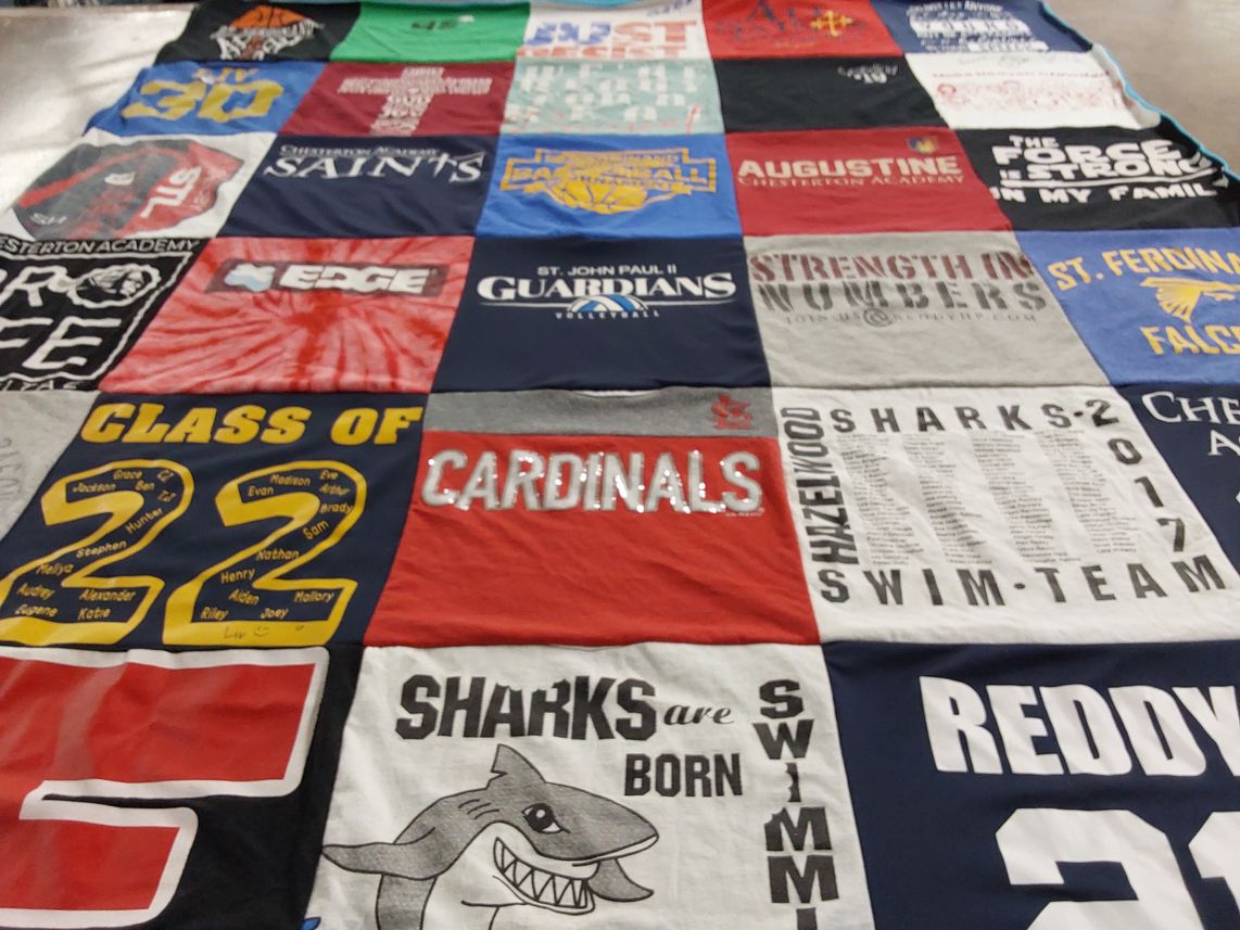 T-shirt quilt featuring hazelwood sharks swim team, cardinals by Tara from MO