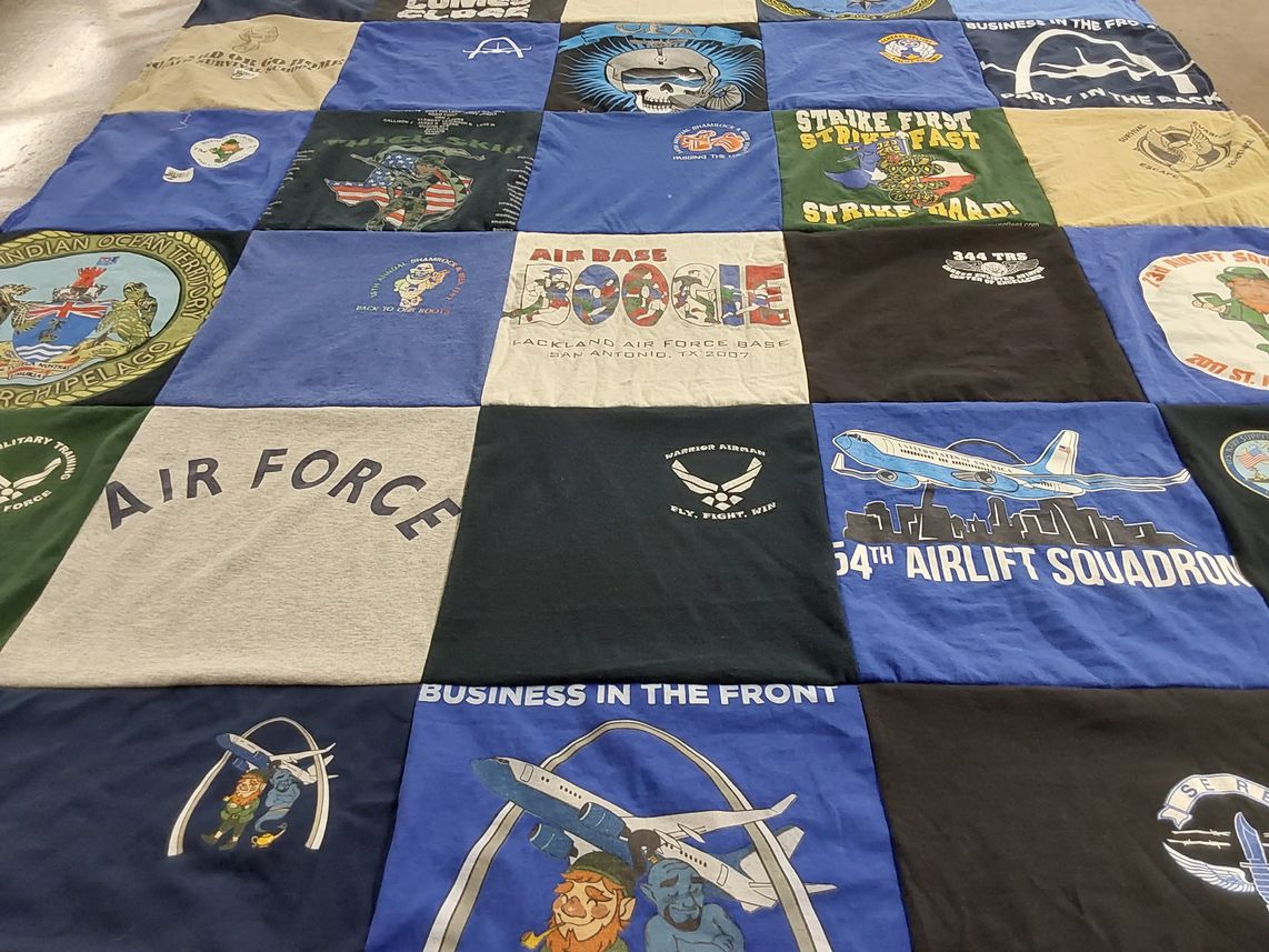 T-shirt quilt with military, aviation themes by stephanie from IL