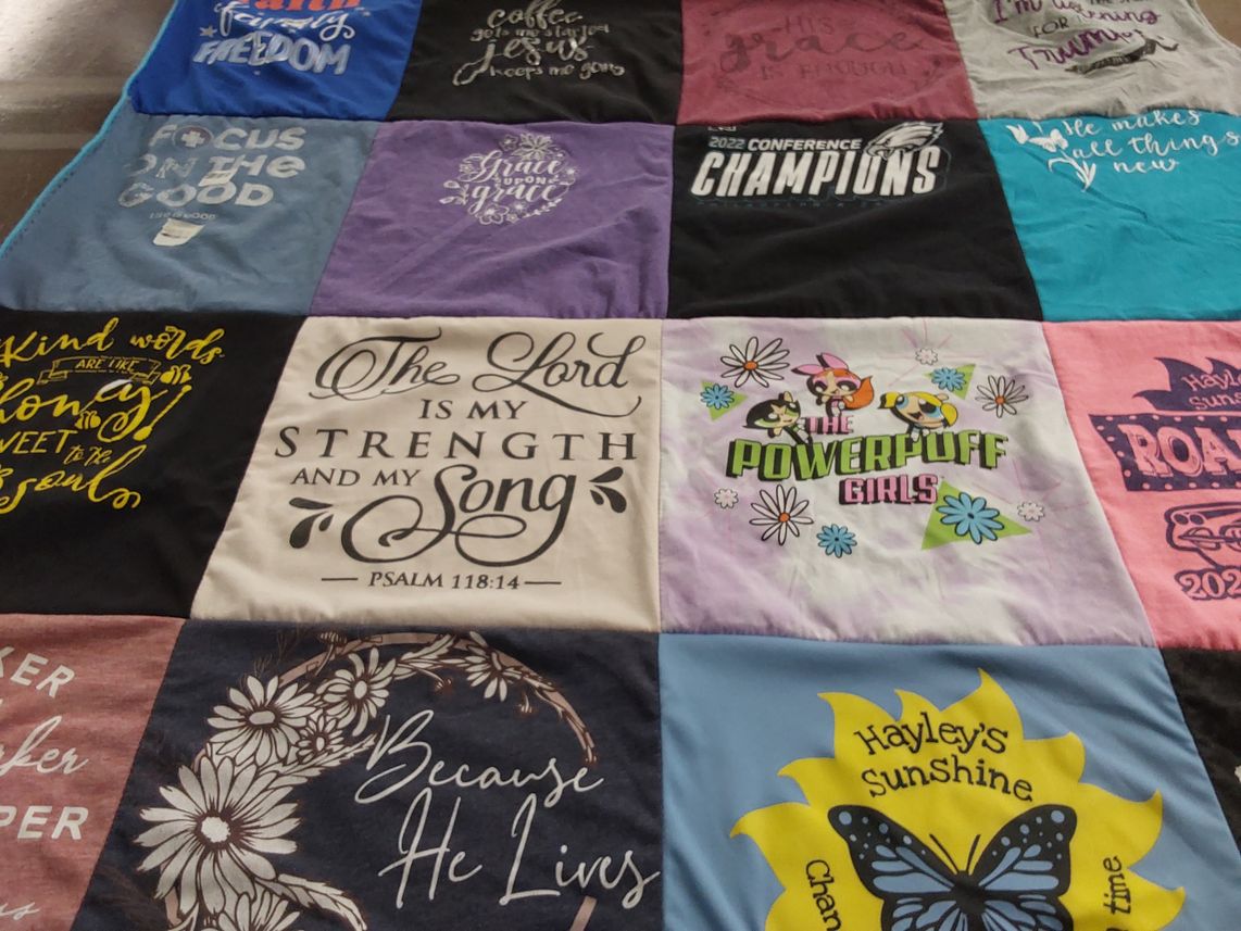 T-shirt quilt with faith, encouragement themes by Maria from PA