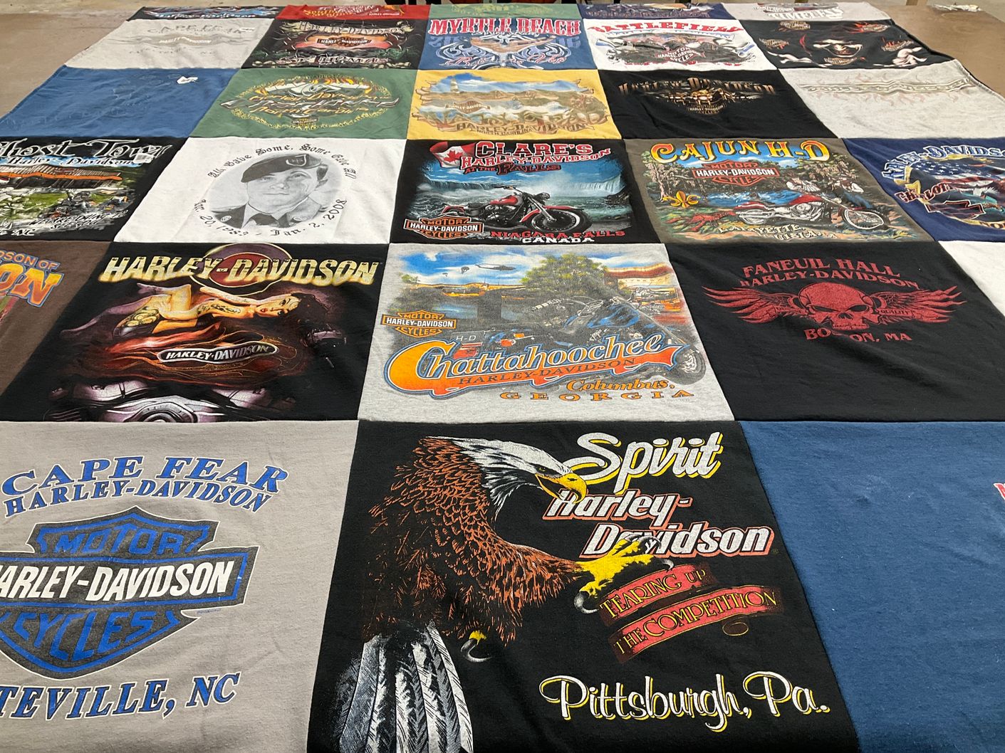 T-shirt quilt with motorcycles, biking themes by Alexandra from IL