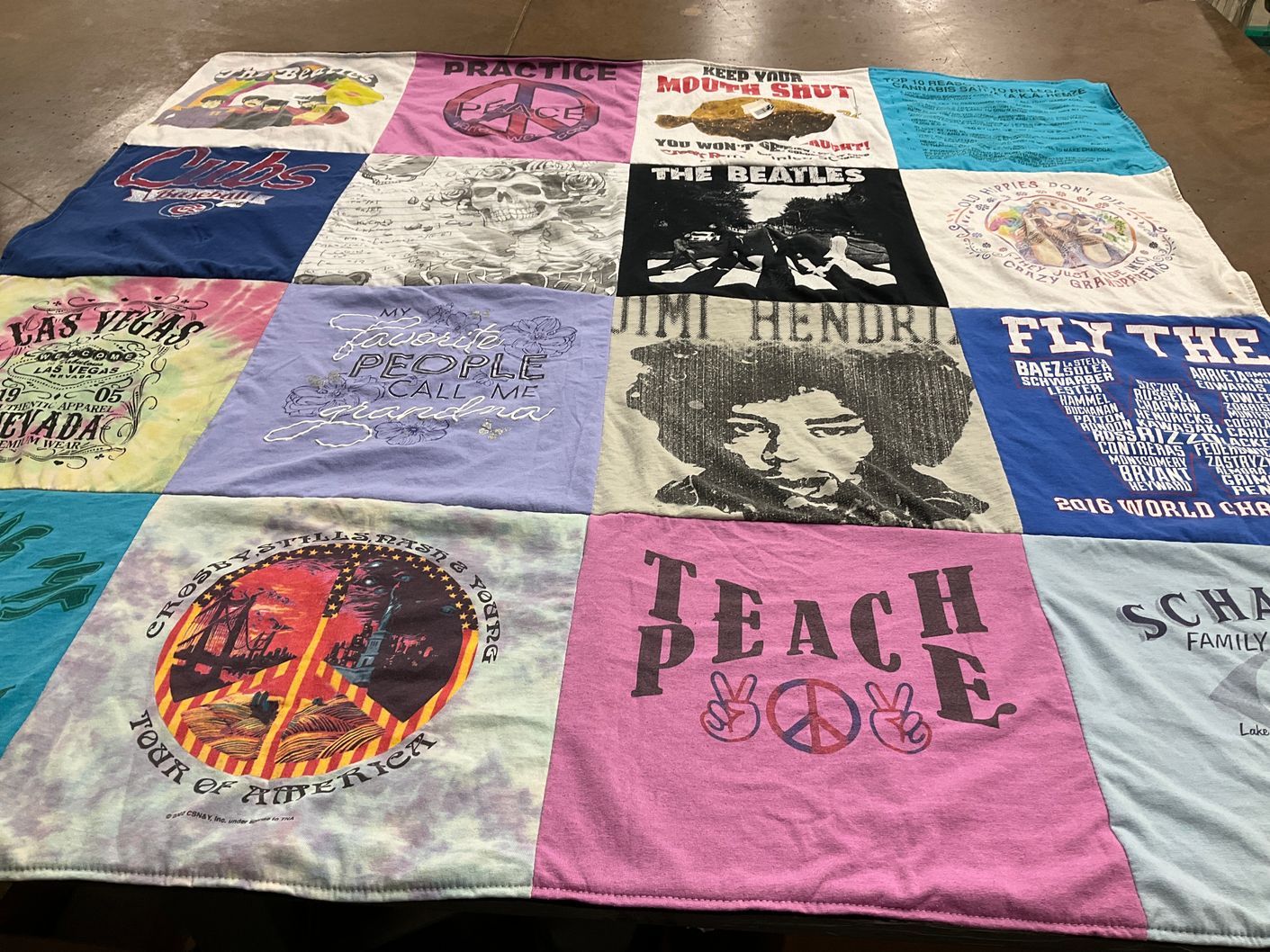 T-shirt quilt with music, travel themes by Neal from IN