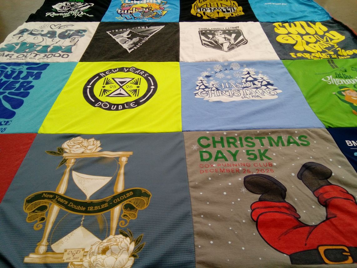 T-shirt quilt with running, gym themes by Steve from TX