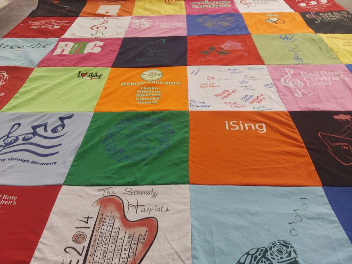 T-shirt quilt with music, choir themes by Tiffany from IL