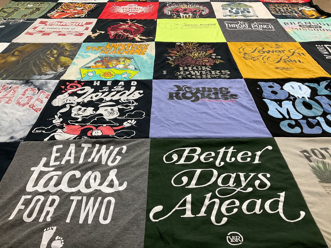 T-shirt quilt with food, tacos themes by Emily from MO