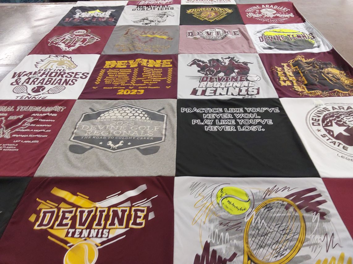 T-shirt quilt featuring devine high school tennis, devine high school arabians by Karolina from TX