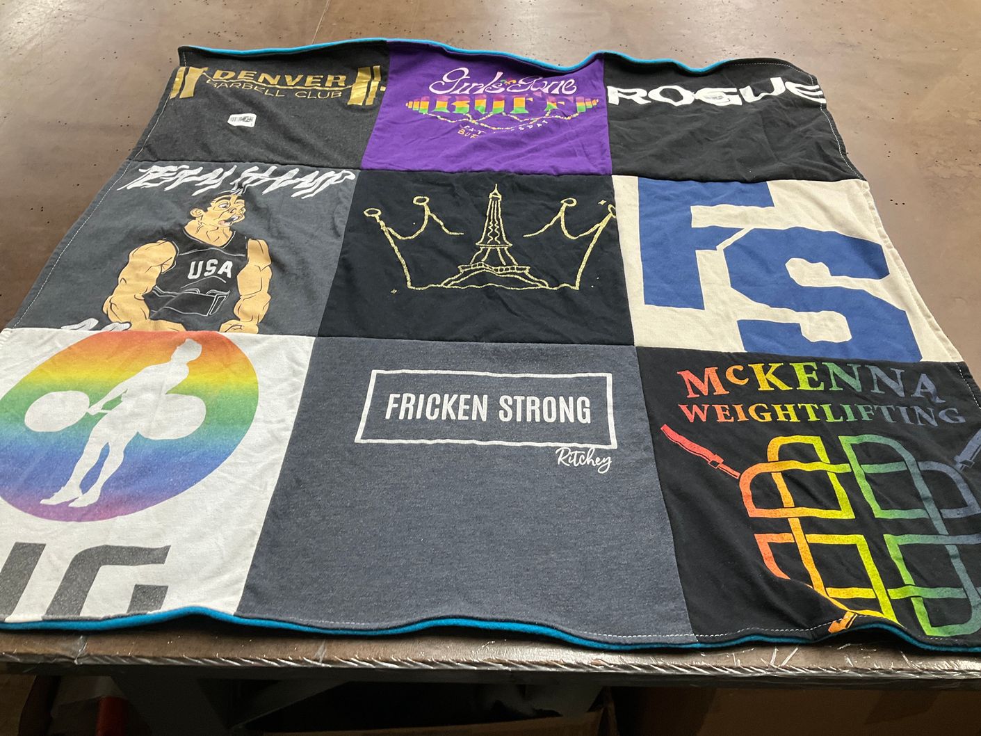 T-shirt quilt with weightlifting, fitness themes by Maeve from OH