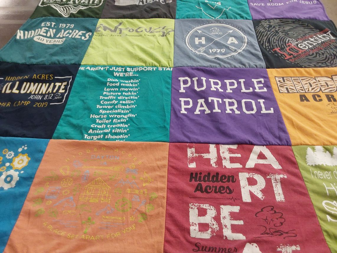 T-shirt quilt with camping, outdoor activities themes by Jennifer from KY